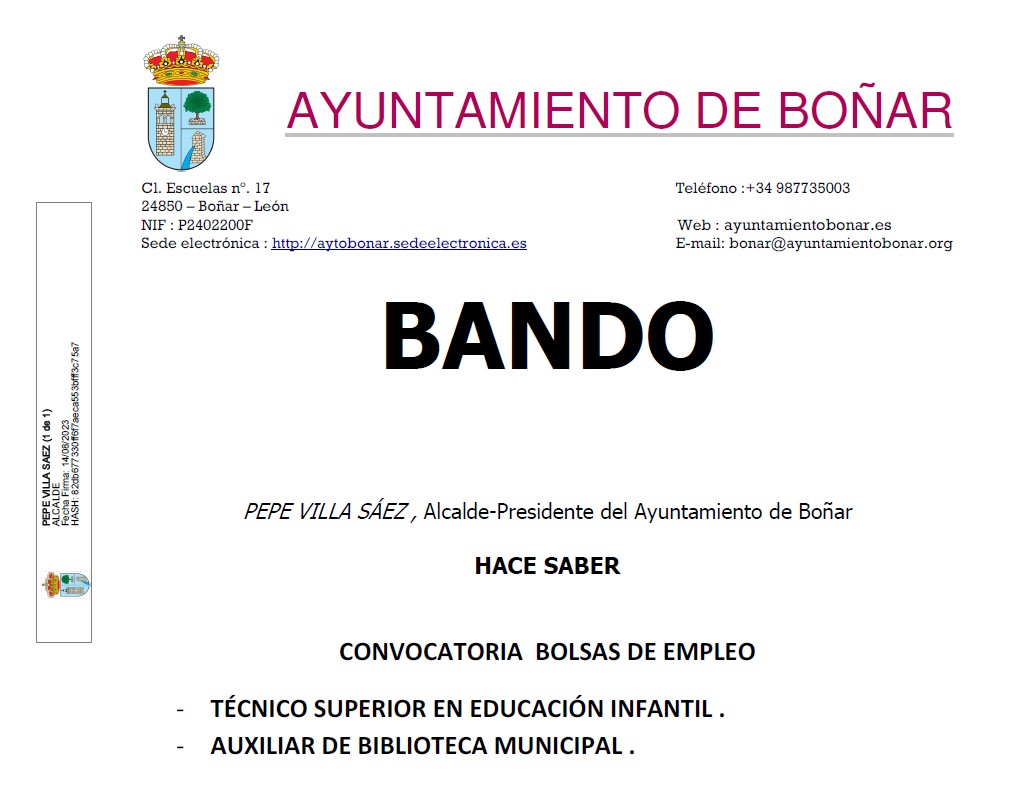 Ayuntamiento de Boñar - Bando Convocatoria bolsas de empleo agosto 2023