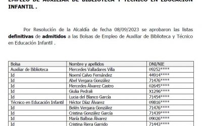 Listas DEFINITIVAS Bolsas Auxiliar Biblioteca y T. Educ. Infantil