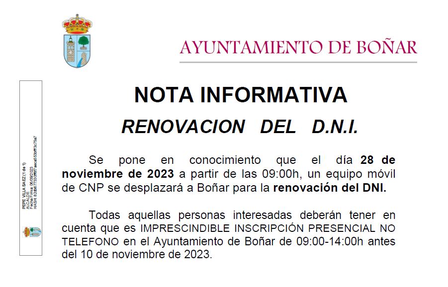 Nota informativa RENOVACION DEL DNI 2023 en Boñar